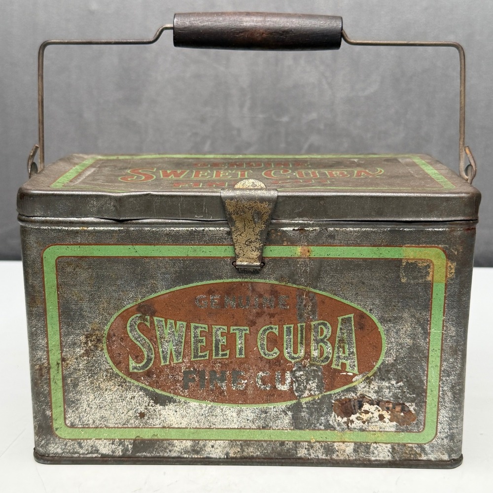 Antique Sweet Cuba Fine Cut Tobacco Tin Hinged Lunch Pail Handle Advertising Box
